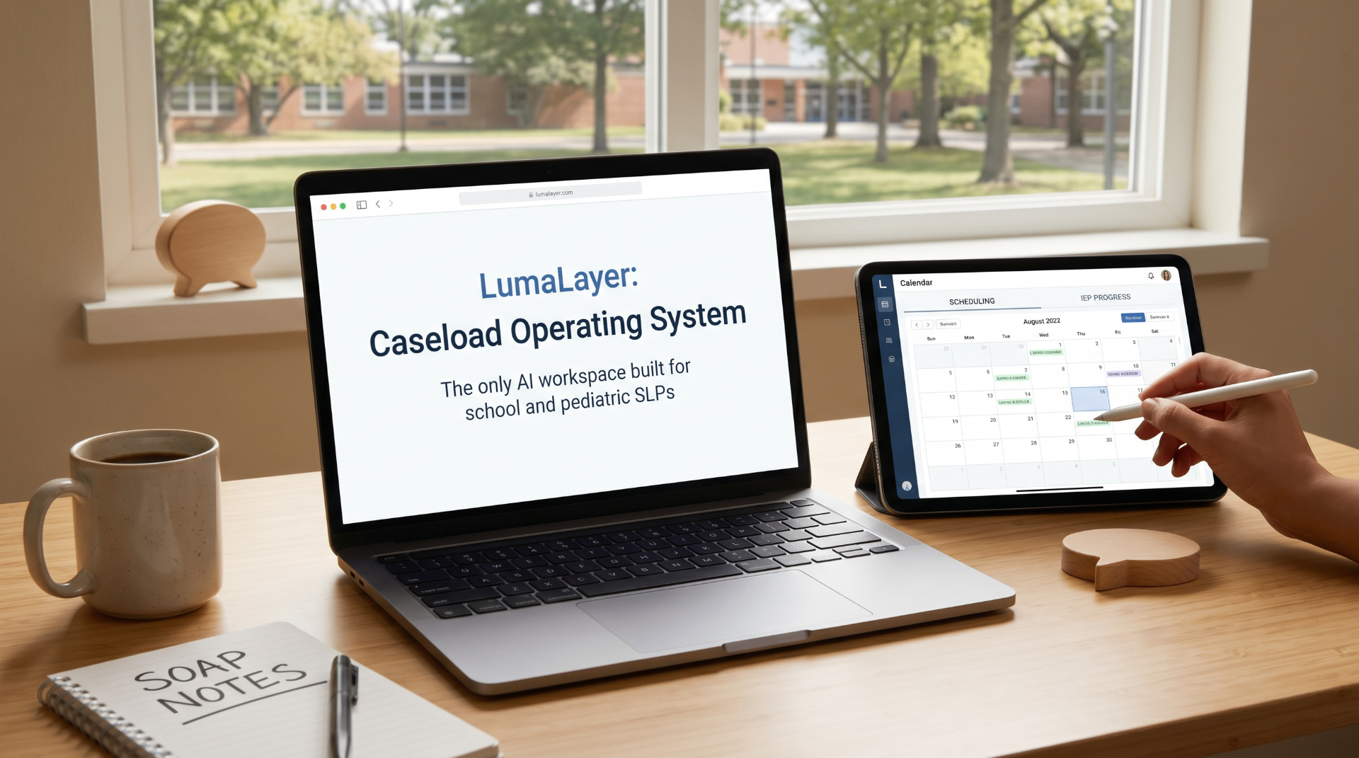 A clinician's desk with LumaLayer open on a laptop beside a tablet showing the caseload calendar and session notes.